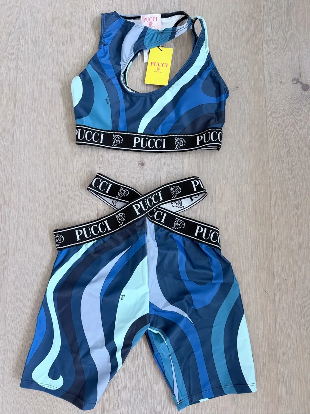 Blue Swirl High-Waist Biker Shorts And matching top set size S